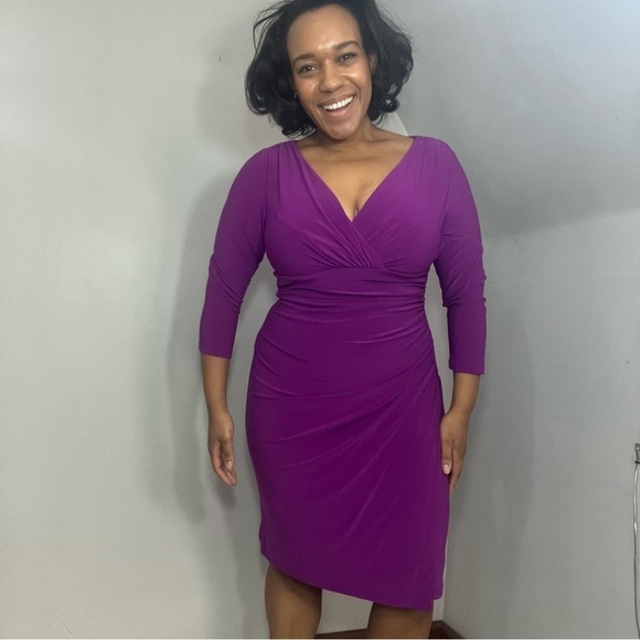 Lauren Ralph Lauren Purple Stretchy Midi Dress Faux Wrap Career Office Siren - Picture 3 of 15